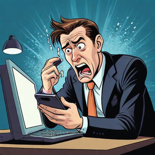 老板同时操作电脑和手机满头大汗