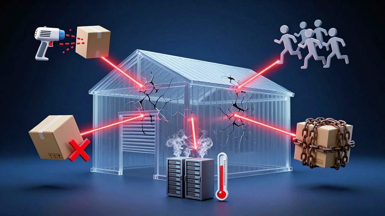 破裂仓库延伸五个发光图标，喻示仓储五大损耗