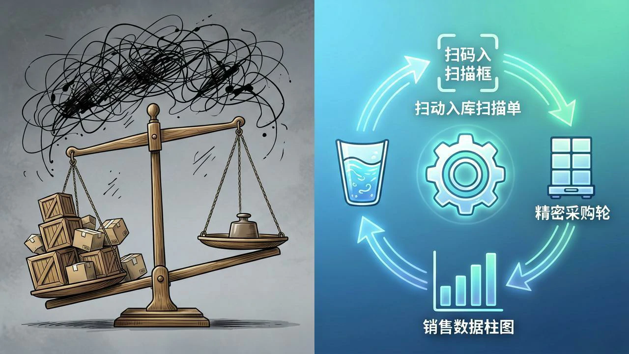 左侧混乱失衡天平，右侧流畅环形流程对比