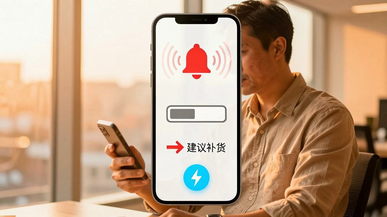 手机屏显库存见底图示，一键补货图标醒目