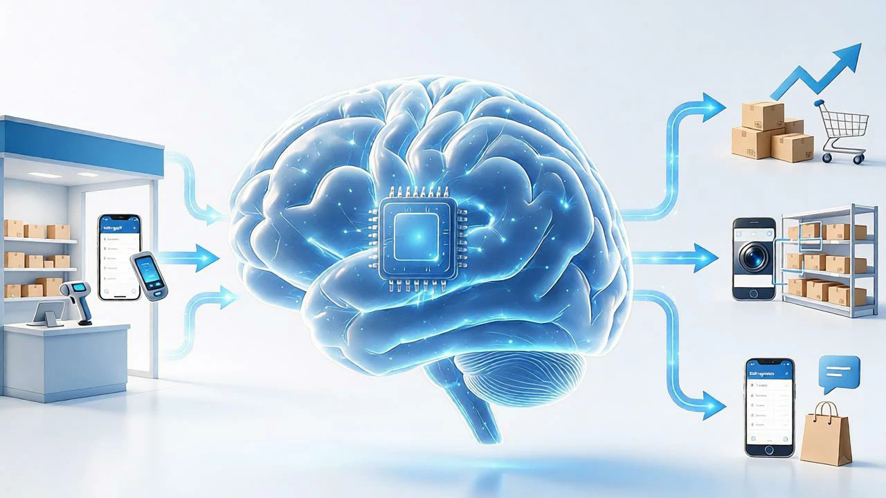 AI进销存系统架构示意图，展示起源进销存如何用AI连接小微商户销售数据、采购补货、拍照盘点与起源小程序商城。