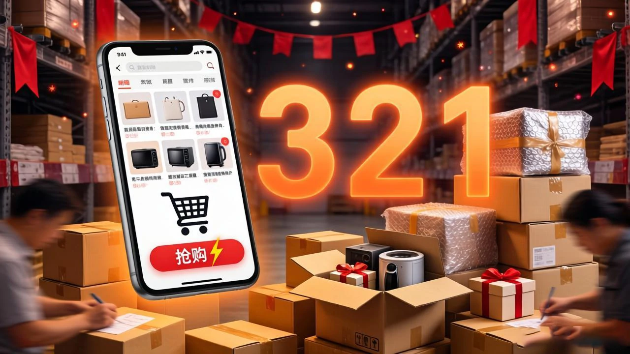 大促倒计时，手机商城与堆积包裹，忙碌打包