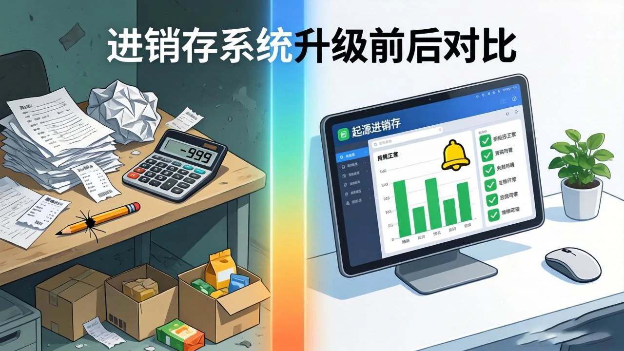 进销存前后对比，从杂乱纸张到清晰数据屏