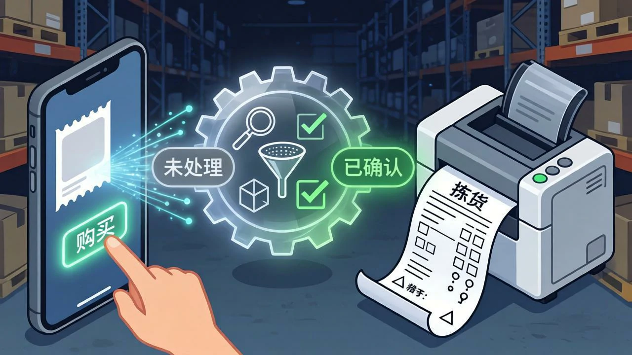 手机下单，光路穿过智能枢纽，自动打印拣货单