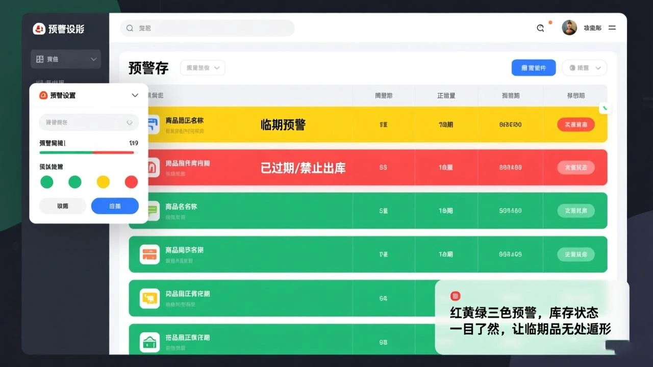 红黄绿三色预警,库存状态一目了然,让临期品无处遁形