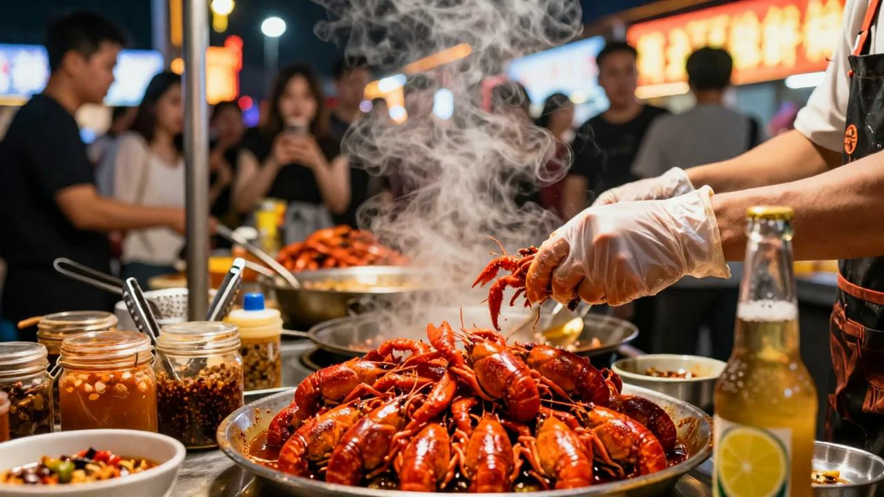 夜市霓虹下，热气蒸腾的小龙虾摊前顾客排长队