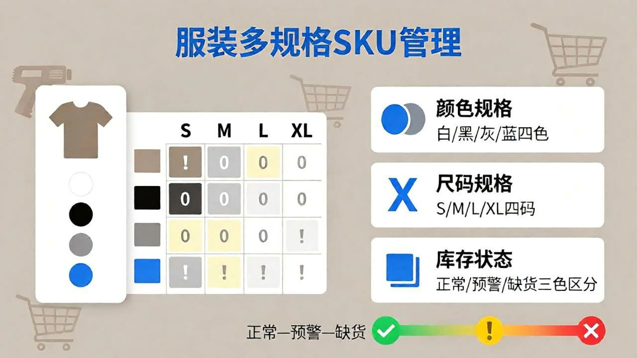 服装进销存多规格自定义设置，用户自行添加颜色尺码维度生成SKU矩阵