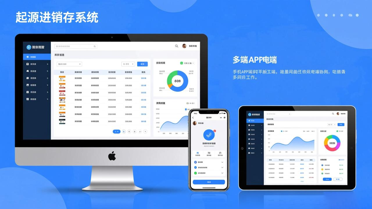 电脑、手机、平板同步显示进销存界面，体现多端协同