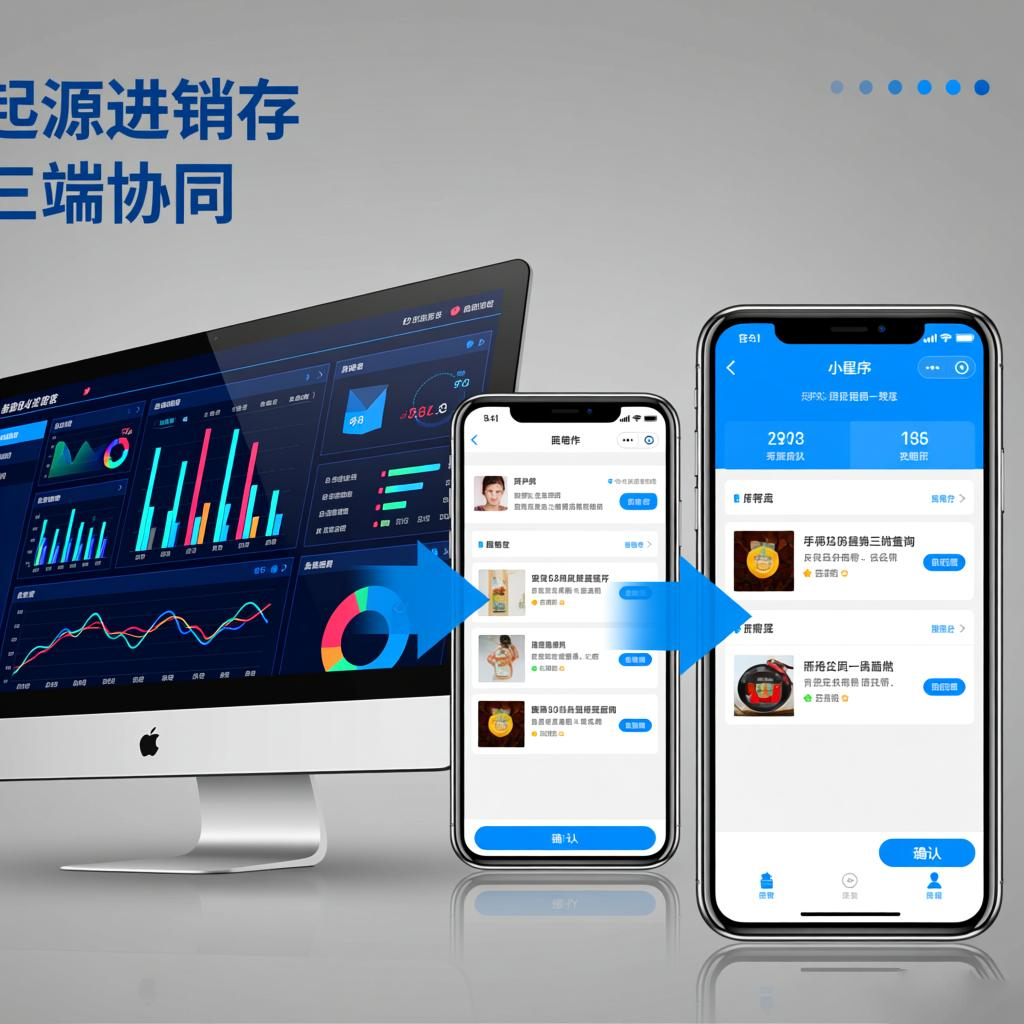 起源进销存三端协同。直观展示数据在电脑端、APP、小程序间实时同步，实现全场景办公。