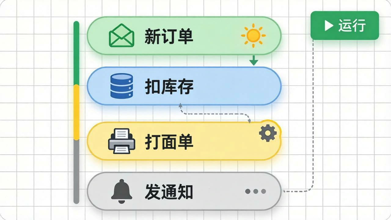 低代码节点串联新订单、扣库存、打单通知