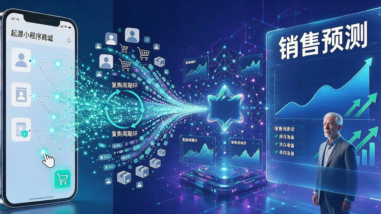 起源小程序商城客户行为数据汇聚到智能进销存系统,形成客户画像与销售预测,老板通过数据看板进行决策的场景