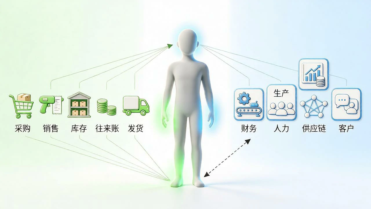 进销存像手脚管买卖,ERP像大脑管企业。