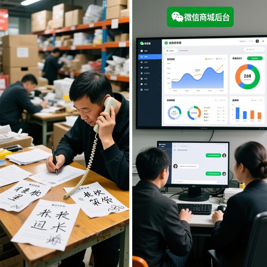 传统批发场景与微信商城后台的对比图