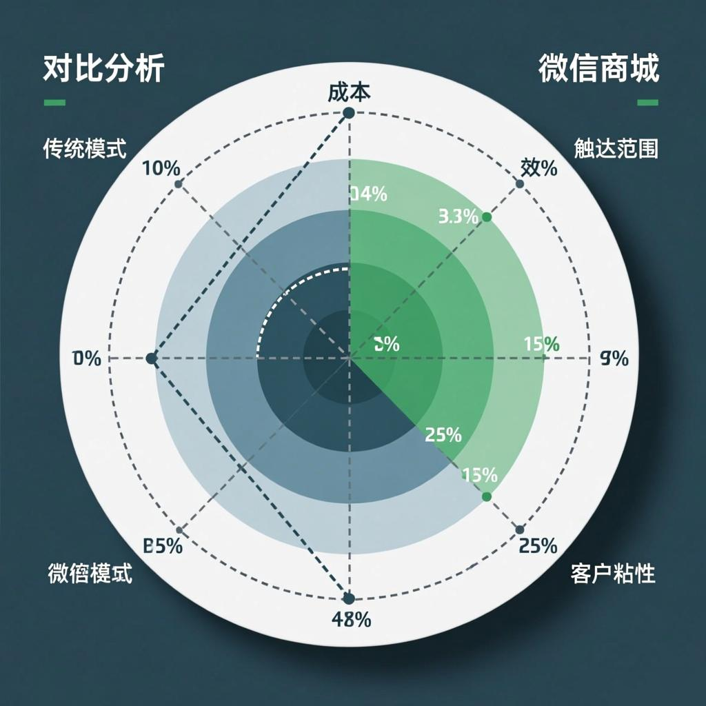 传统模式与微信商城模式在成本、效率、触达范围、客户粘性四个维度的雷达图对比