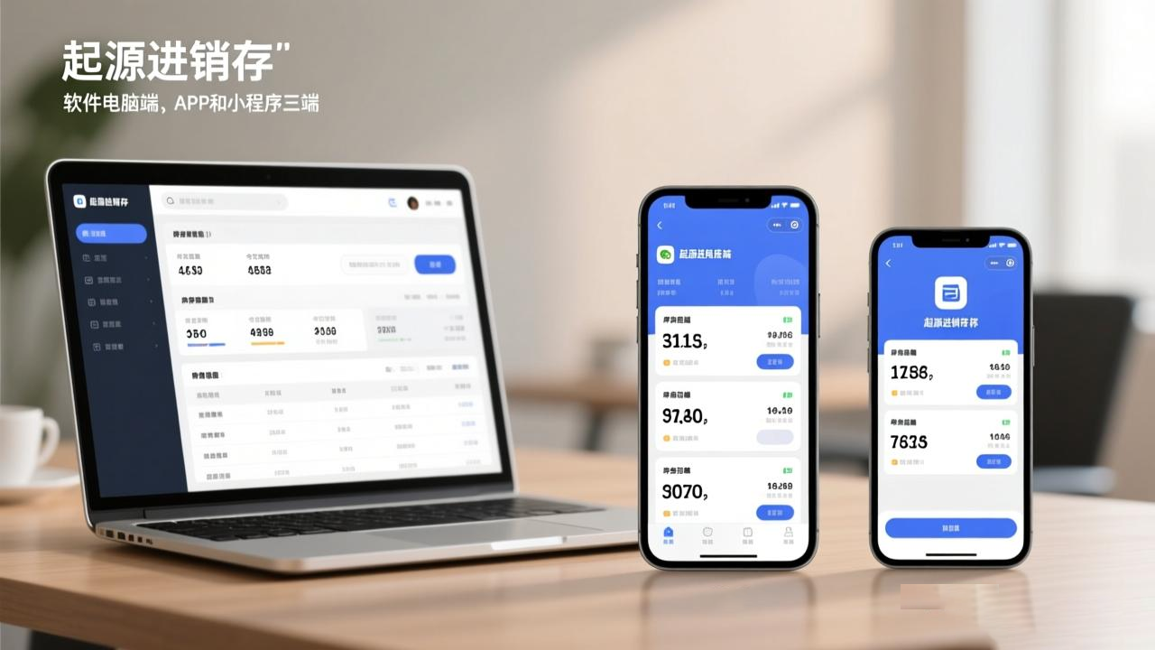 起源进销存在电脑、手机APP和小程序上同步运行的界面合成图，数据实时一致，展现真正的云端协同办公