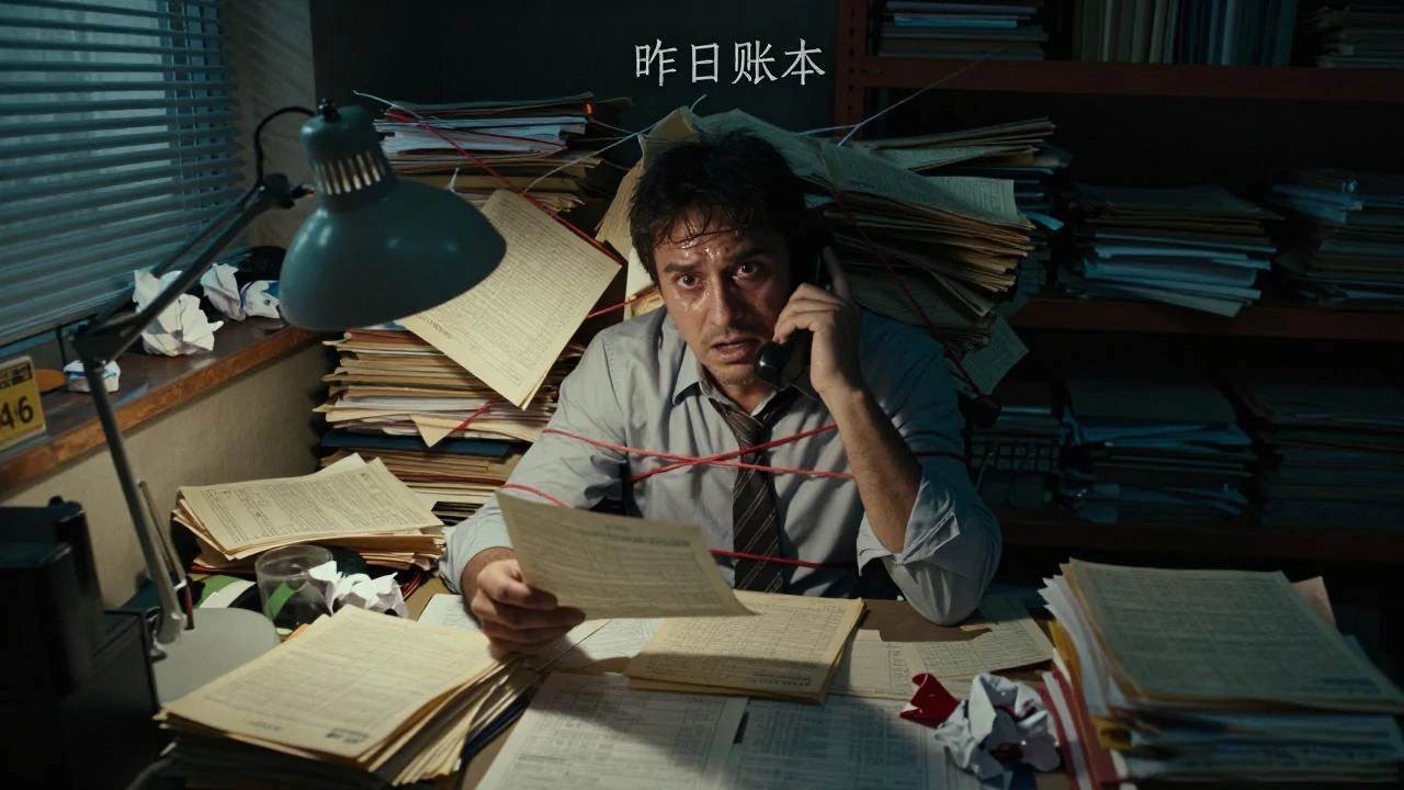 直观展示传统生意模式下,老板被繁琐的“记账”事务缠身,无法脱身的痛点场景