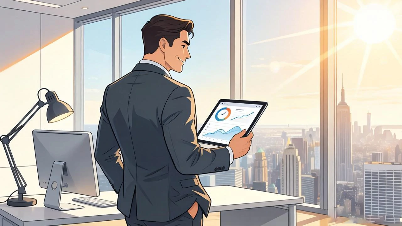 对比第一张图的混乱,这张图展现老板通过数字化工具实现“脱身”后的从容状态,体现“释放精力”的价值