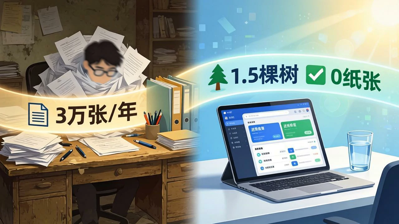 左侧纸张堆积如山,右侧屏幕清爽环保