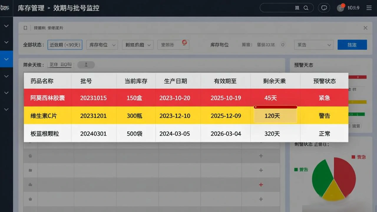 系统的效期与批号管理界面,可视化预警让库存质量风险一目了然