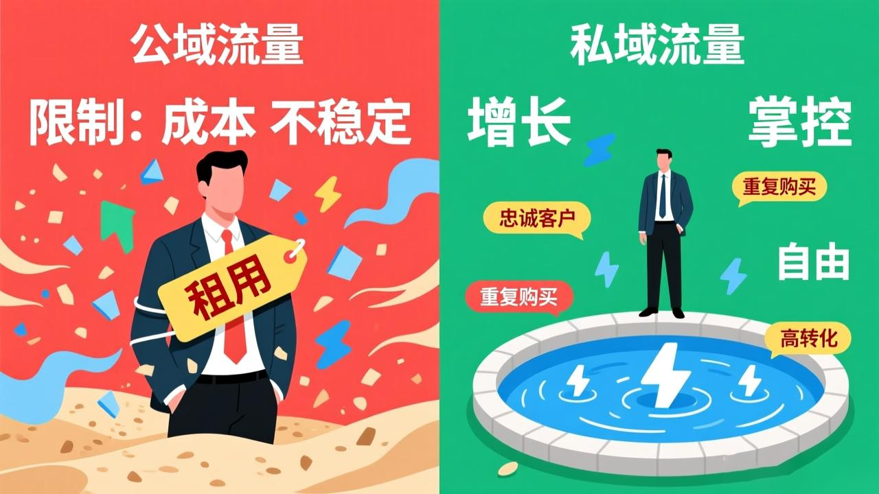公域流量依赖付费投流，成本高、留存难；私域流量通过社群与运营形成自有流量池，可循环、低成本裂变