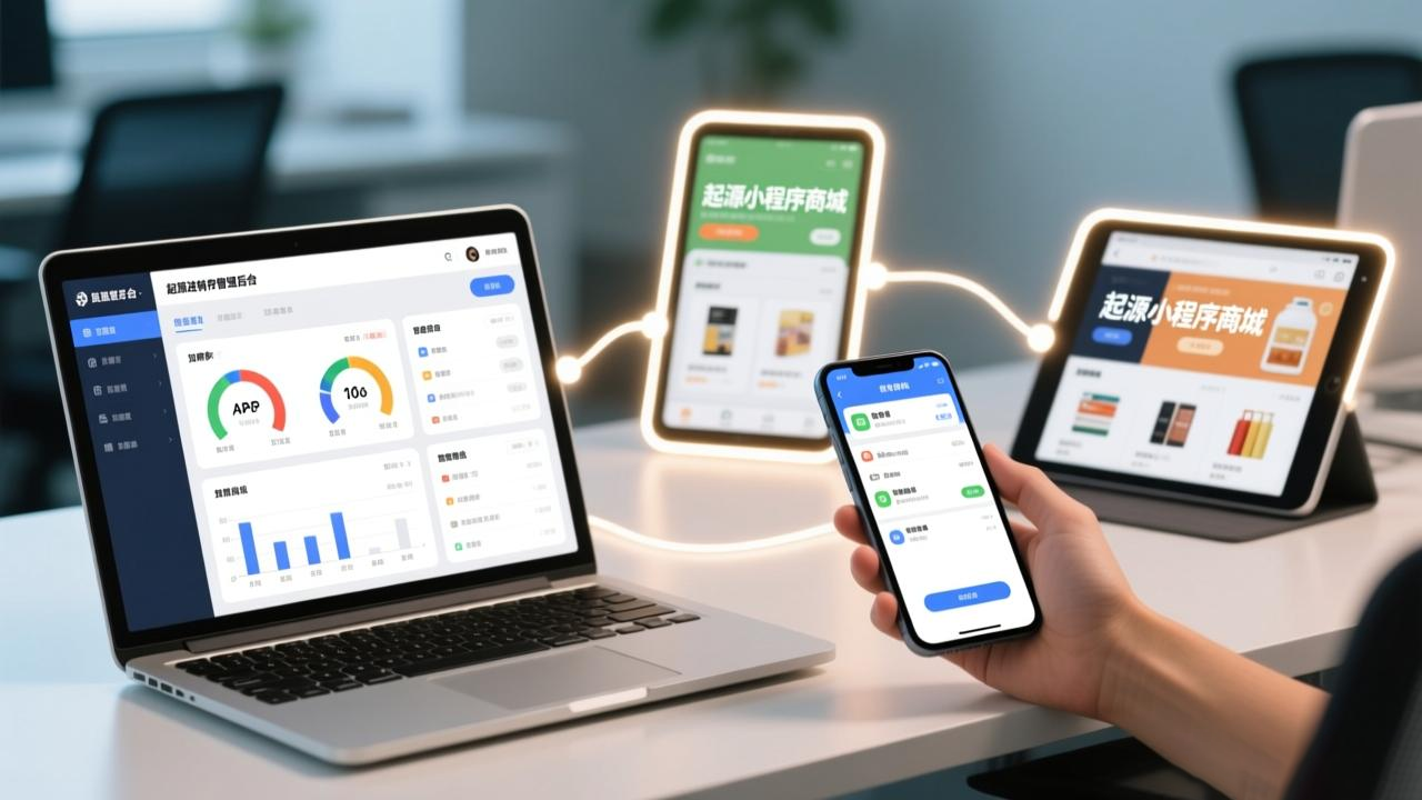 展示起源进销存在电脑、APP、小程序三端无缝协同工作的强大能力
