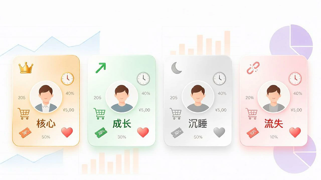 进销存系统客户分层看板,按核心、成长、沉睡、流失分层展示客户,体现免费进销存的客户画像与精准营销能力