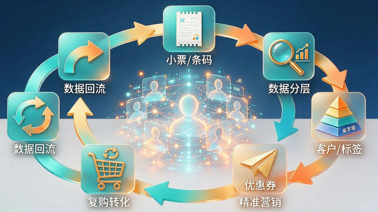 客户管理闭环示意图,展示起源小程序商城与进销存如何串联交易记录、客户分层、精准营销和复购转化
