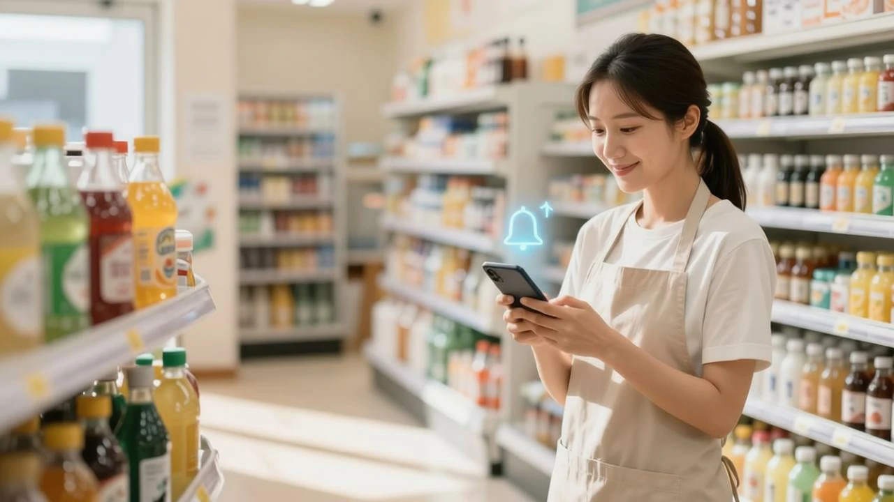 女店主看着手机里的生意,露出安心微笑