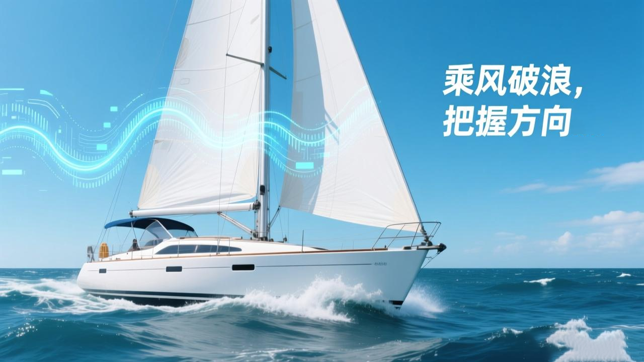 帆船在数据流中破浪前行，象征企业数字化转型