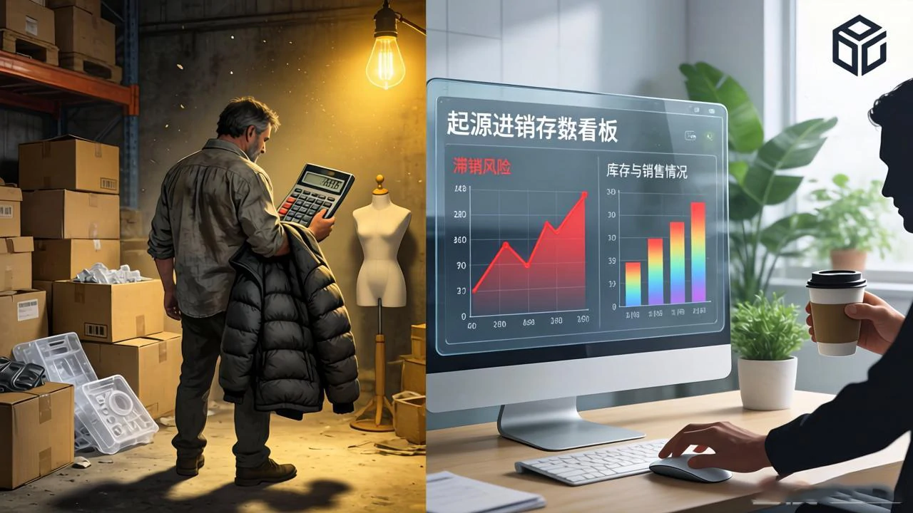 杂乱仓库愁容老板与明亮屏幕从容数据决策对比