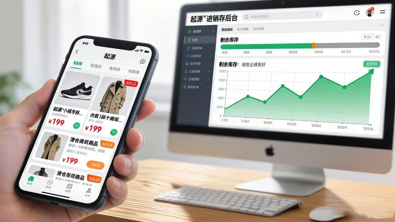 手机商城界面清晰，虚化后台库存利润曲线上升