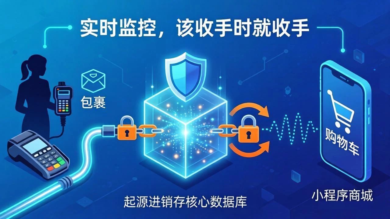 中心数据枢纽光缆连接门店与手机，符号化实时同步