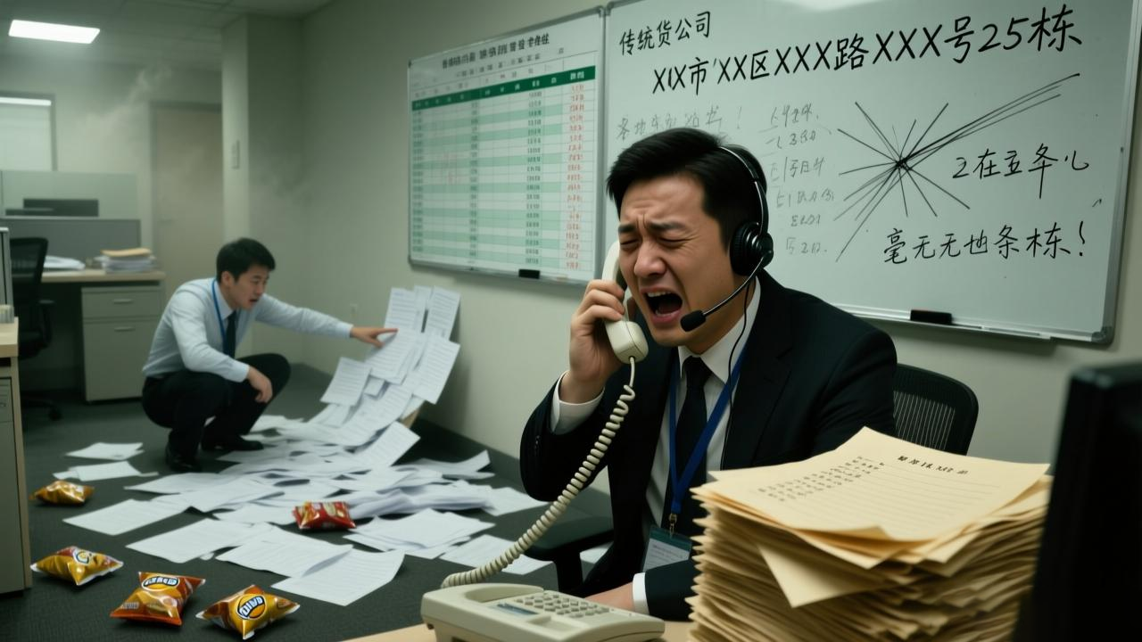 传统商贸公司办公场景，电话销售与手写单据，展现起源ERP引入前的低效管理