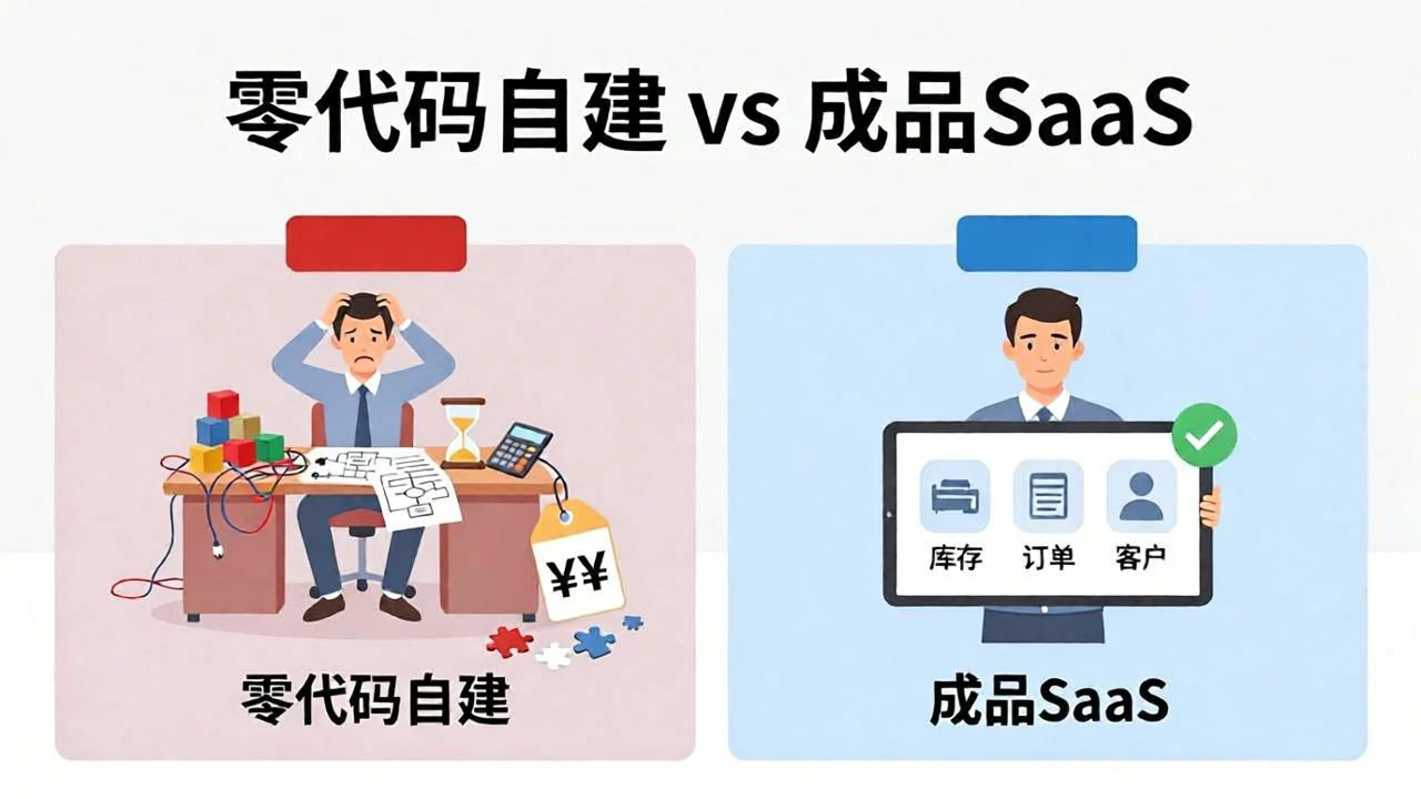 零代码自建进销存与成品SaaS成本效率对比插画，左侧复杂高成本，右侧简洁免费高效