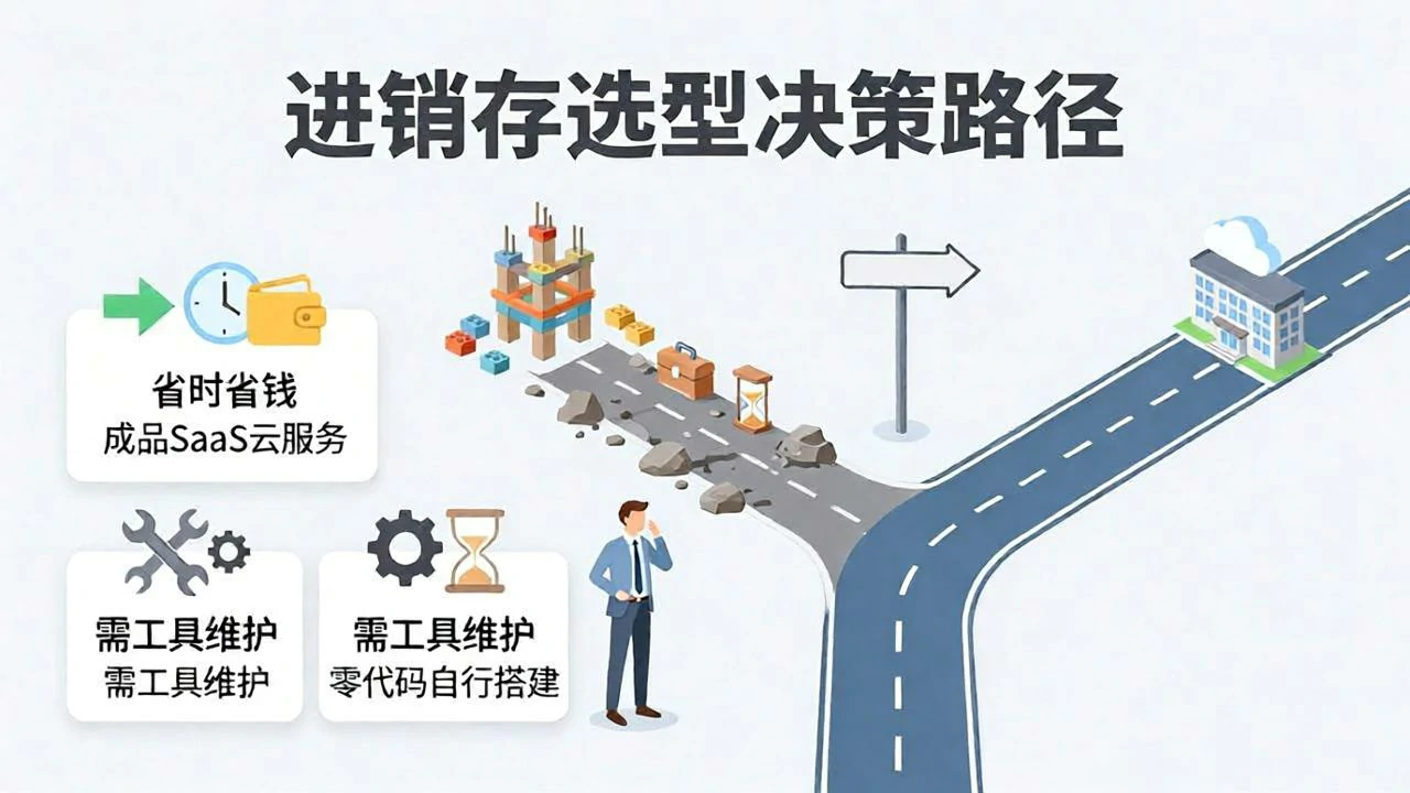 中小企业进销存选型决策路径插画，多数企业应选择成品SaaS快捷通道