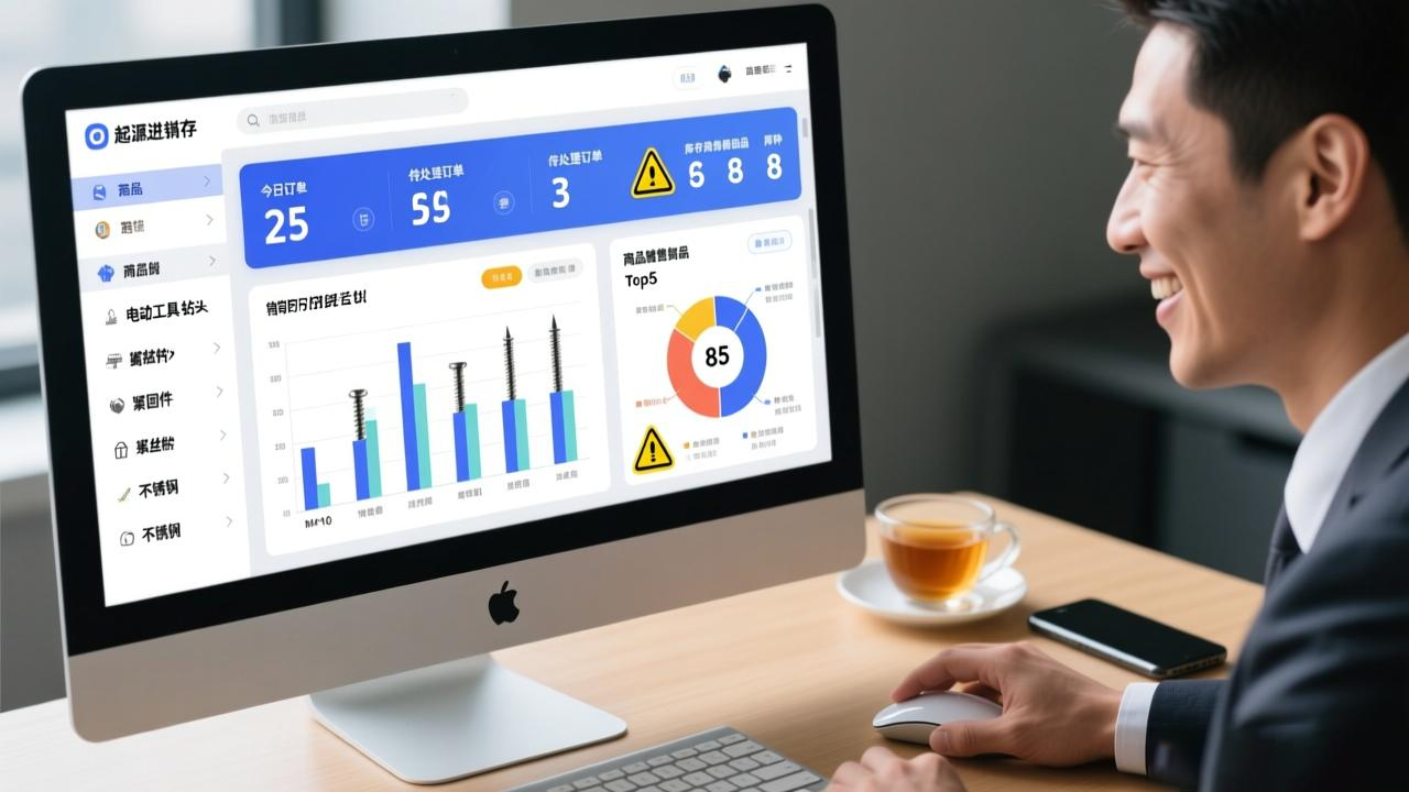 五金店老板在办公室使用电脑查看经营数据的特写