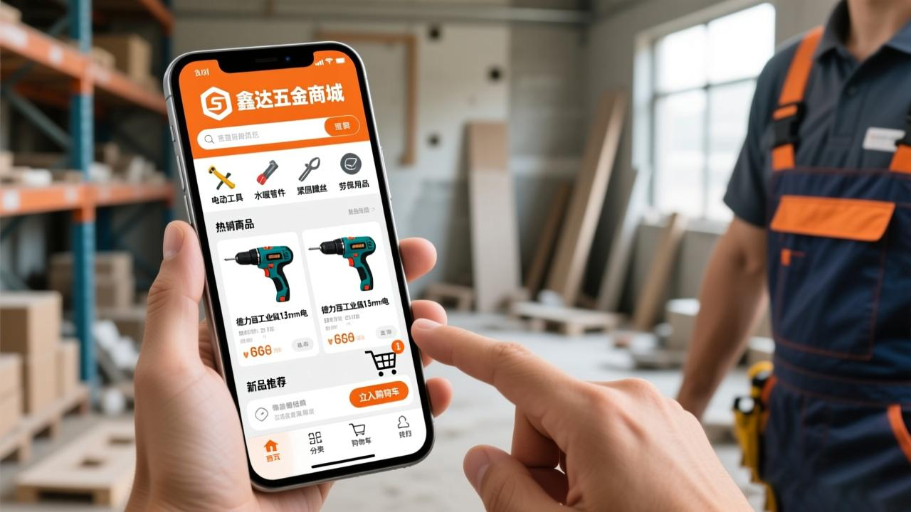 一位客户(例如工程队采购员或装修师傅)在工地上,正通过手机访问五金店的小程序商城