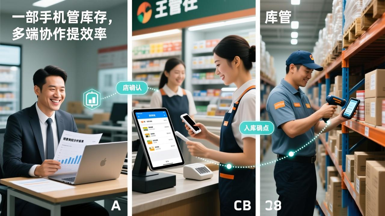 一张动态的、多格漫画式或融合式的场景图,展示店内不同角色如何使用系统协同工作