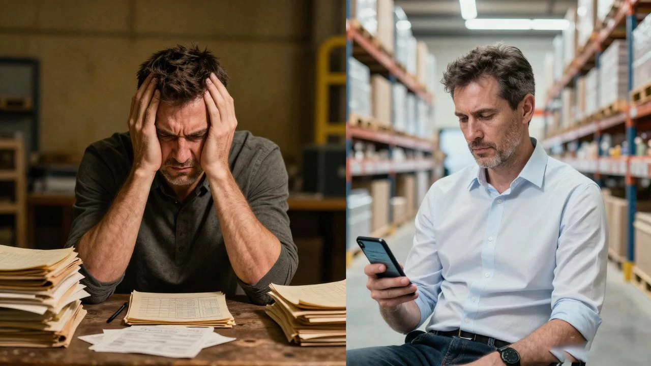 左侧伏案算账满脸疲惫,右侧看手机数据轻松自信