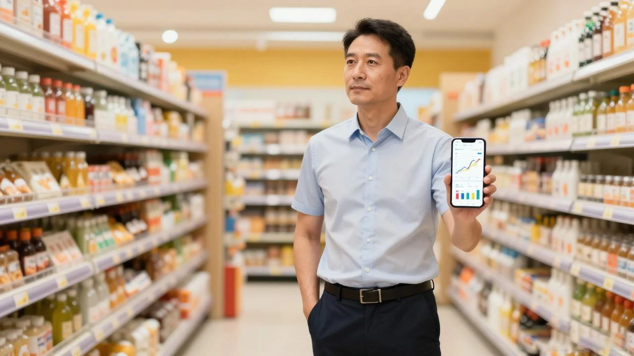 老板立于整洁店铺,手持手机显示生意增长图表