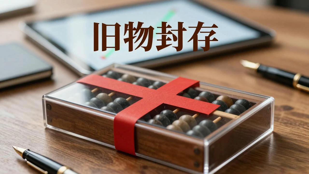 算盘钢笔封存盒中,屏幕亮起数据曲线迎新篇