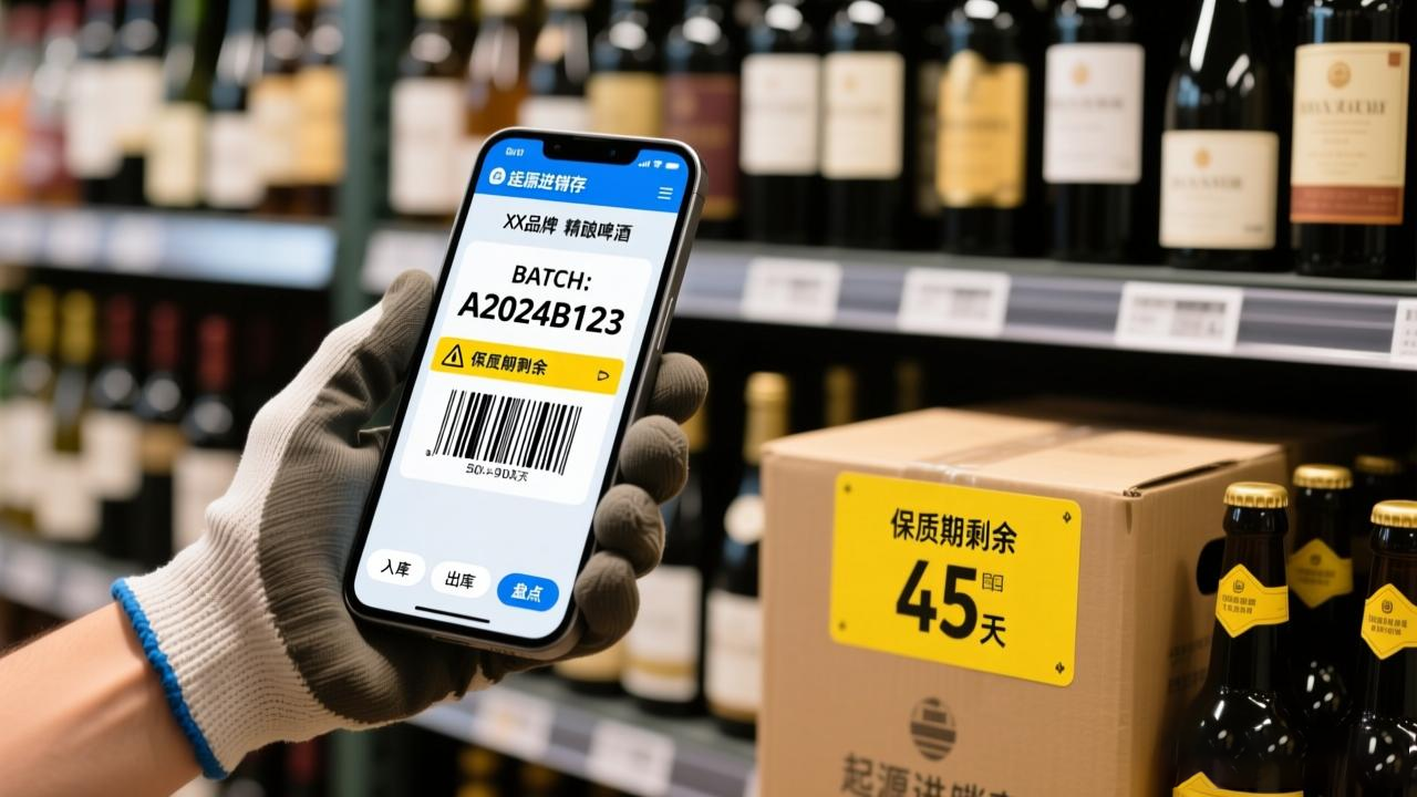使用手机扫描酒箱条码，查看起源进销存保质期预警